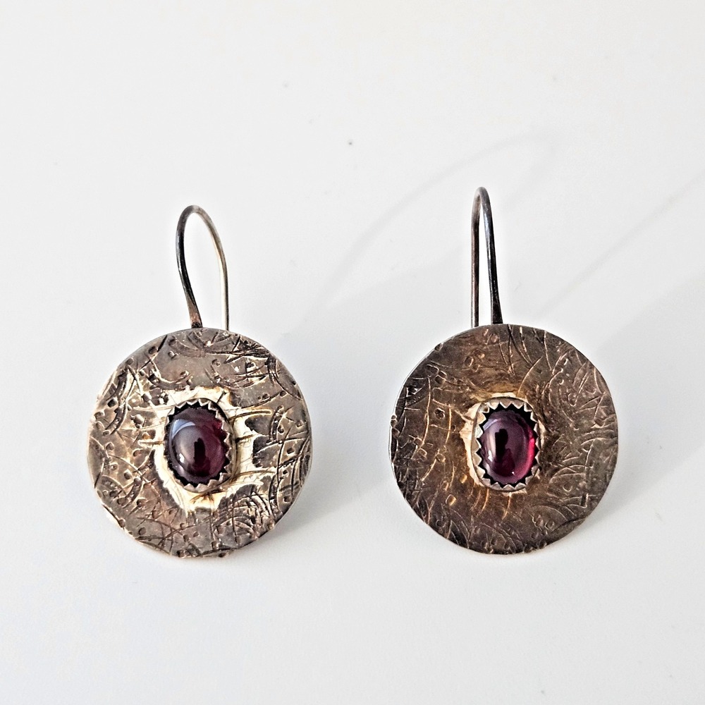 Sterling Silver Garnet Artist Made Drop Earrings Textured Etched Signed